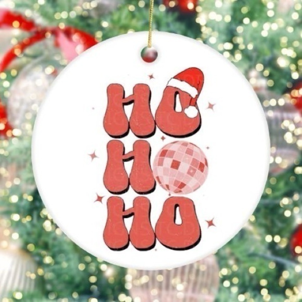 Ho Ho Ho Retro White Ceramic Christmas Ornament
